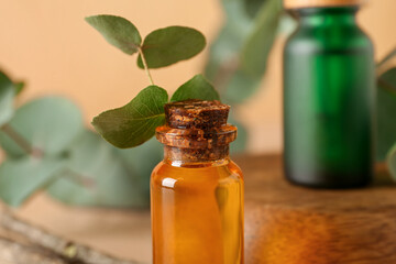 Bottles of cosmetic oil with eucalyptus branch on orange background