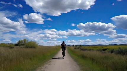 Fototapeta premium A person riding a bicycle in a scenic path and blue skies. Generative AI 