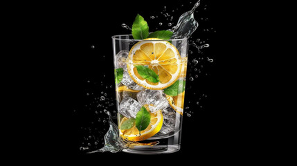 Lemonade or mojito with ice cubes, orange slices and mint leaves on black background.generative ai
