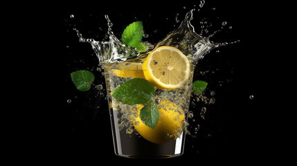Lemonade or mojito with ice cubes, orange slices and mint leaves on black background.generative ai