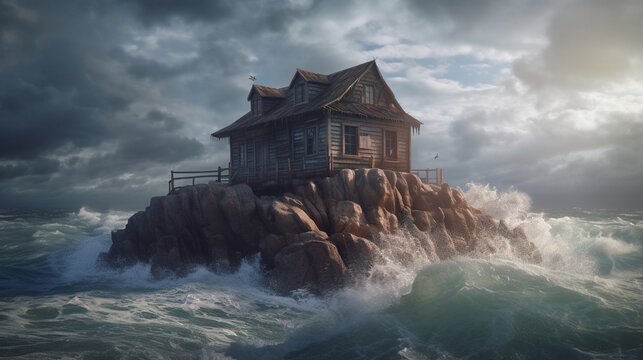 Abandoned House On The Rock In The Ocean.generative Ai