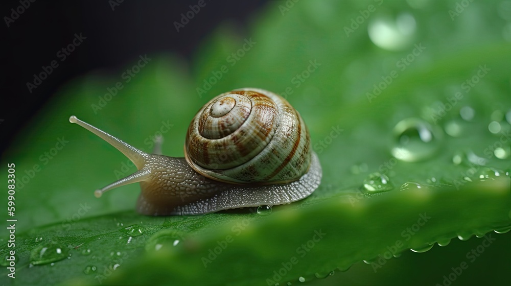 Wall mural a snail on a green leaf with dew drops. generative ai