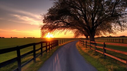 A country road with a fence and trees on a sunset. Generative AI 