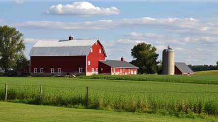Fototapeta na wymiar A farmhouse with a red barn in the field. Generative AI 