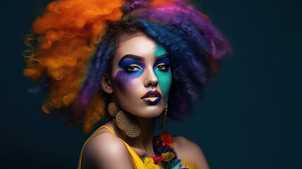 A fashion model with dramatic make-up on a dark blue background. Generative AI