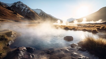 Naklejka premium A natural hot spring with steam rising from the water. Generative AI 
