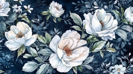 Watercolor painting of white roses on a dark blue background. Hand-drawn illustration.generative ai