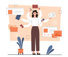 Multitasking business woman. Young girl stands in office with many hands, communicates with clients and analyzes charts. Hardworking and successful entrepreneur. Cartoon flat vector illusstration