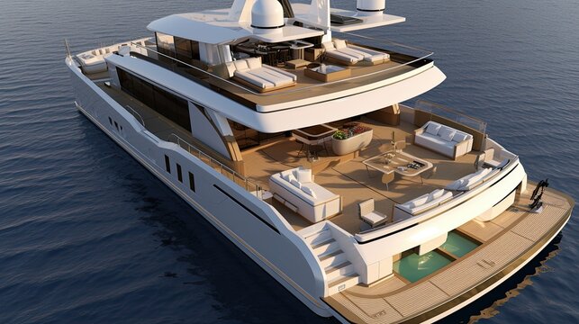A futuristic luxury white yacht on an coean with a golden design. Generative AI