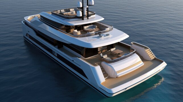 A futuristic luxury white yacht on an coean with a golden design. Generative AI