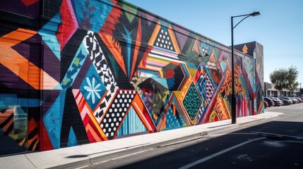 A street art mural with colorful designs and patterns on a building. Generative AI 
