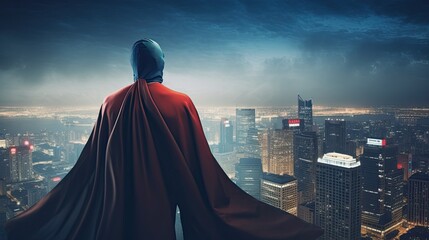 A superhero with a cape and a mask against a cityscape background. Business concept. Generative AI