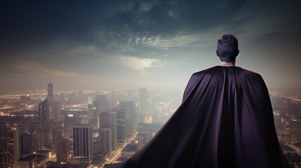 A superhero with a cape and a mask against a cityscape background. Business concept. Generative AI