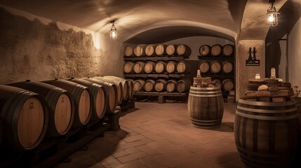 A wine cellar with rows of bottles of wooden barrels. Generative AI