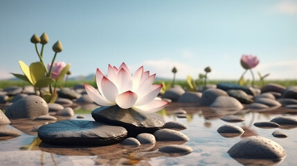 Lotus flower on the pebbles in the water. generative ai
