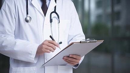 A doctor in a medical coat holding a clipboard. Generative AI