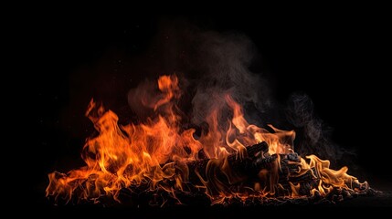Fire flames with smoke against a dark background. Generative AI