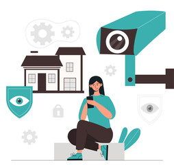 Video surveillance concept. Woman uses smartphone to monitor home and property through cameras. Security and protection of private property. CCTV privacy control. Cartoon flat vector illustration