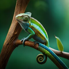 Fototapeta premium Colored chameleon close up photo on blur background - AI generated