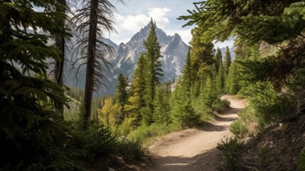 Fototapeta premium A hiking trail with trees and mountains in the distance. Generative AI 