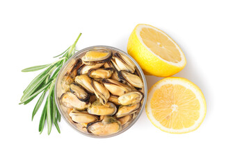 Marinated mussels in glass with lemon halves on white background