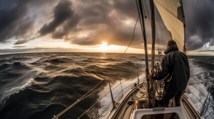 yacht sailing on dramatic ocean at sunset generative ai