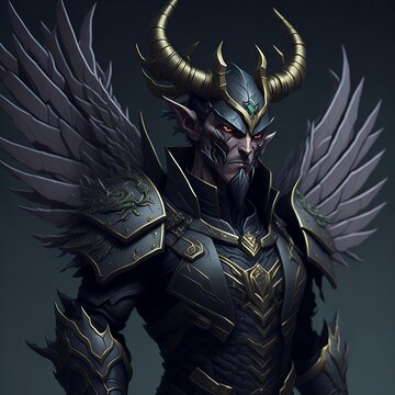 Half body posing Ancient elf soldier with samurai armor, wings and  helmet (Generative AI)
