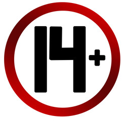 Over 14 years old plus. Forbidden round icon sign illustration. 14 plus only or older persons content rating.