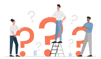 People question marks. Men and women with questions. Feedback and FAQ. Characters looking for solution to business problem, brainstorming and searching for idea. Cartoon flat vector illustration