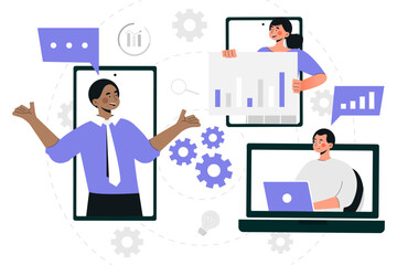 Online technical negotiations. Men and women with smartphones and tablets communicate. Video conference and call. Technicians and programmers. Team management. Cartoon flat vector illustration