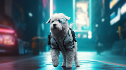 cute little white dog wearing a futuristic combat suit on the street of neon cyberpunk city, Generative AI