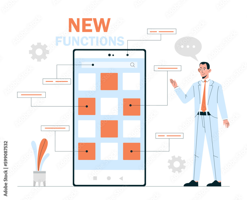 Poster new functions concept. man with smartphone studies applications and programs. operating system and s