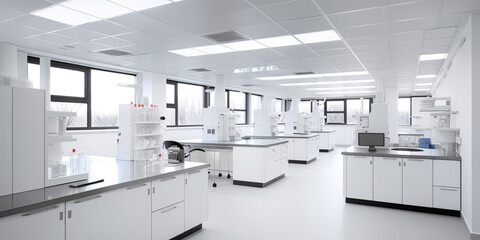 A scientific research lab with a lot of white cabinets and counters. AI generative laboratory interior - obrazy, fototapety, plakaty
