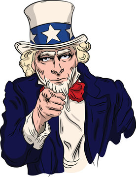 An illustration of Uncle Sam pointing his finger at us. A patriotic mood. Isolated on a white background