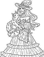 Halloween Witch with Cat Isolated Coloring Page  Generative AI