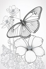 Butterfly on flowers, line art for coloring book, crisp lines, white background, AI generative
