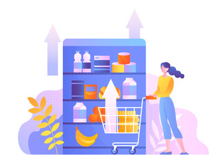 Inflation in store. Woman with basket chooses goods in grocery store, supermarket and evaluates price increase. Fall in real incomes and savings of population, budget. Cartoon flat vector illustration