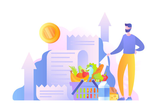Man with cart and bill. Young guy looks at rising prices and inflation in grocery store. Falling budget and market, economy. Expensive vegetables and fruits. Cartoon flat vector illustration