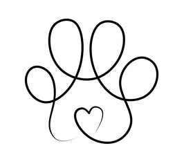 Dog footprint with heart drawn in solid line. Pet logo. Love for pets.