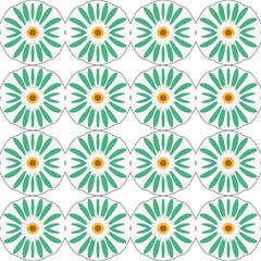 Fototapeta na wymiar Green and orange sarah-inspired art nouveau pattern with irregularly shaped mosaic tiles and white floral.