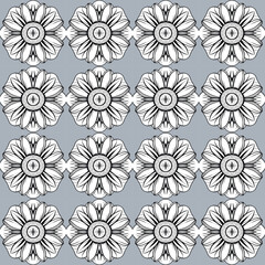 Black and white pattern with detailed sunflowers on gray background, great for vintage bedding and retro.