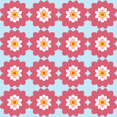 Clean and graceful vector floral seamless repeating pattern with white and pink flowers on blue background.