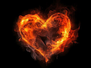 Fiery silhouette of a burning heart, on an isolated black background. Generative AI