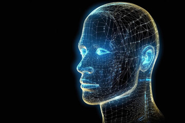 Silhouette of a human head in a matrix or holographic style and on a dark background. Generative AI