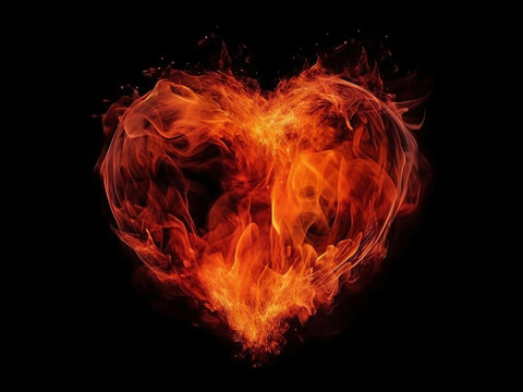 Fiery silhouette of a burning heart, on an isolated black background. Generative AI