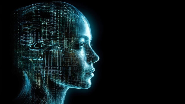 Silhouette of a human head in a matrix or holographic style and on a dark background. Generative AI