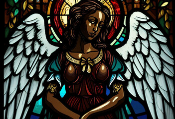 a dark-skinned angel in the style of a church stained glass window, generative AI