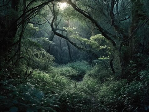 A dense otherworldly forest with foliage bathed in the gentle glow of moonlight no text photografic 