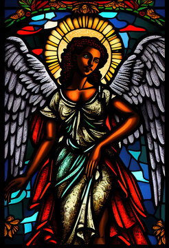 a dark-skinned angel in the style of a church stained glass window, generative AI