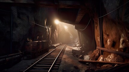 Fototapeta na wymiar Old abandoned coal mine, AI generative industrial object with rails, dark, illuminated with daylight